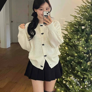 Lovely ribbon button round neck knit cardigan