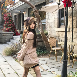 Natsumi Gyaru Leopard Print Shoulder Cable Knit