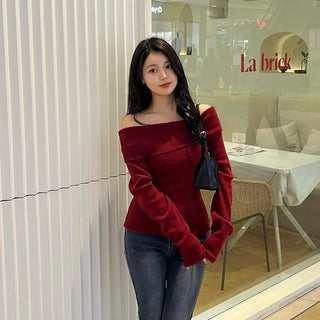 Lovely Off-Shoulder Slim Fit Velvet Long Sleeve T-Shirt