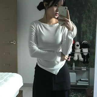 Minimal Slim Fit Asymmetrical Cotton Round Long Sleeve T-shirt