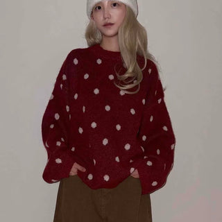 Dot Pattern Balloon Sleeve Loose Fit Knit