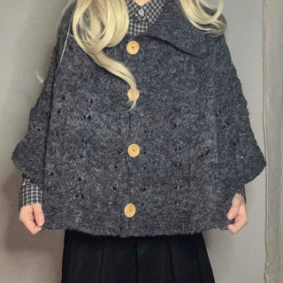 Large Collar Wood Button Wool Blend Knit Shawl