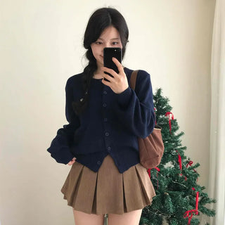 Puff Sleeve Cropped School Look V-Neck Ribbed Silver Logo Knit Cardigan for Transitional Season and Midwinter