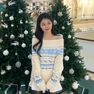 Winter Nordic Jacquard Off-Shoulder Oversized Knit