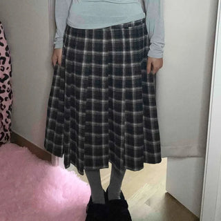 Wool Check Pattern Pleated Midi Skirt
