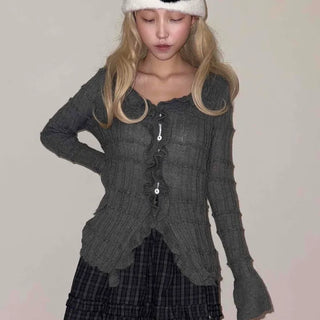 Modern Frill Lace-up Slim Knit Cardigan
