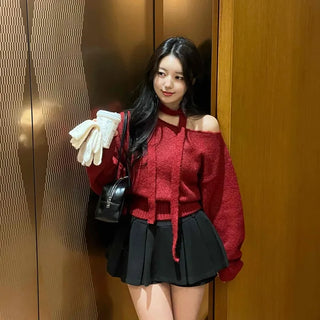 Off-shoulder Choker Set Lip Neck Crop Knit