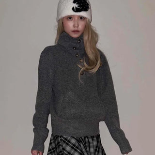 Button High-Neck Pocket Loose Fit Wool Blend Knit