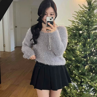 Fuzzy Angora V-Neck Crop Knit