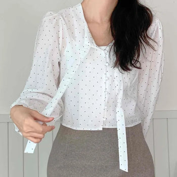 Delicate Fit See-through Dot Ribbon Tie Blouse