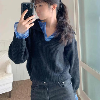 Striped Shirt Layered V-Neck Ribbed Crop Knit