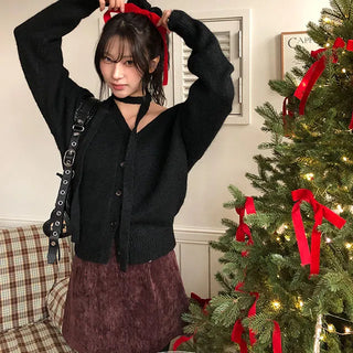 Beni Muffler V-Neck Knit Cardigan Set