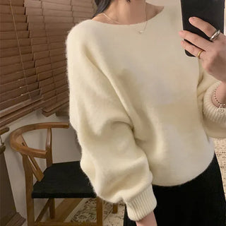 Oakley Boat Neck Crop Knit Lip Neck Loose Fit Long Sleeve Knit Acrylic Sweater Winter