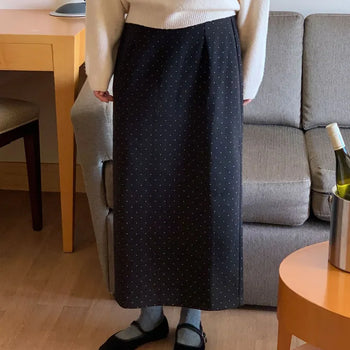 Winter Polka Dot Elastic Wool Long Skirt