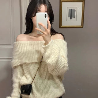 Loose Fit Angora Pine Needle Fur Off-shoulder Knit