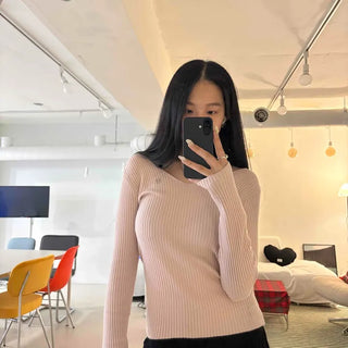 Slash Neck Semi-Crop Ribbed Knit