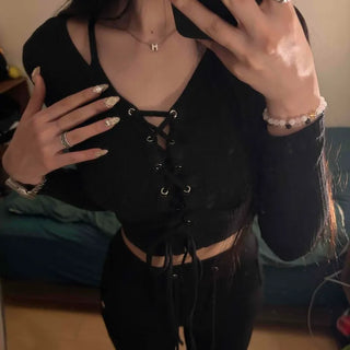 Sexy Shirred Lace-up Crop Long Sleeve T-shirt
