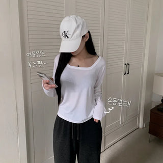 [Fleece-lined] Slim fit basic inner square neck long sleeve tee