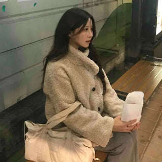 Soft Texture Wide Shawl Collar Belted Boa Jacket