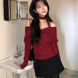 Rize Wide Collar Off-Shoulder Ribbed Knit Cardigan