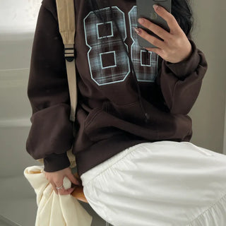 Fleece-lined 🧣) Check Number Color Block Loose Fit Hoodie