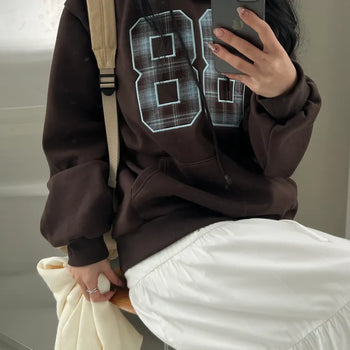 Fleece-lined 🧣) Check Number Color Block Loose Fit Hoodie