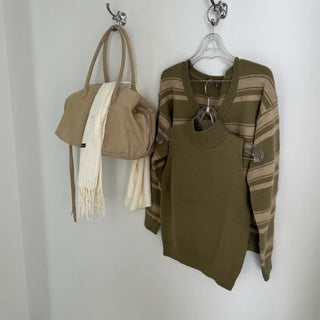 Pepe V-neck Striped Knit High-neck Knit Top Layered Set