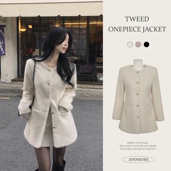 Guaranteed Beauty, Christmas Date Round Neck Sherpa Tweed Jacket Coat Mini Dress with Gold Buttons