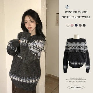 Protective Instinct Avant-garde Fit, Sapporo Nordic Jacquard Pattern Round Neck Avant-garde Loose Fit Winter Long Sleeve Knit