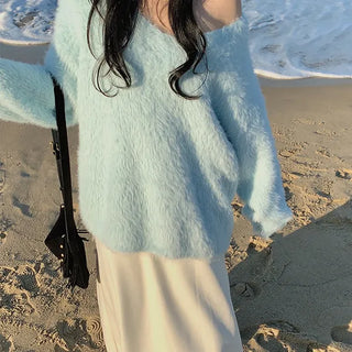 Warm Pine Needle Mohair V-Neck Loose Fit Knit Angora Oversized Long Sleeve Knit Plus Size Sweater Winter