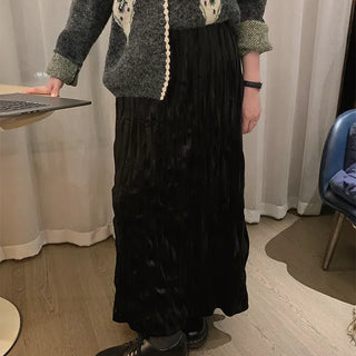 Labre Velvet Pleated Long Skirt, Velour Elastic H-Line Long Skirt, Year-End Look, Winter