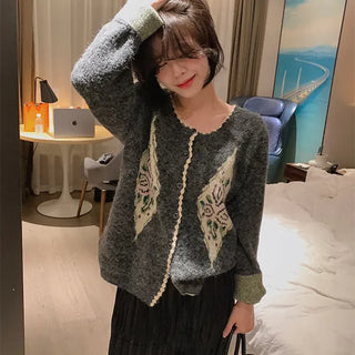 Setoa Vintage Wool Argyle Lace Cardigan Flower Hairy Mohair Semi-Crop Acrylic Sweater Winter