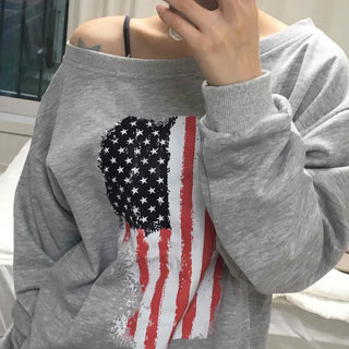 American Flag Off-Shoulder Oversized Sweatshirt