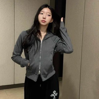Slim Studded Ribbed Cropped Zip-Up Hoodie