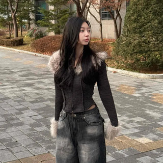 Slim Fit Zip-Up with Fur Collar Contrast