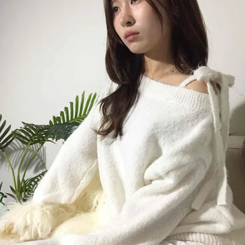 Pure Mood Off-Shoulder Ribbon Tie Oversized Knit