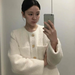Tweed Gold Button Collarless Crop Jacket