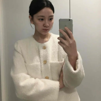 Tweed Gold Button Collarless Crop Jacket