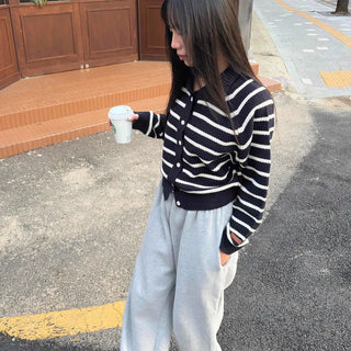 Daily Striped Collared V-Neck Knit Cardigan