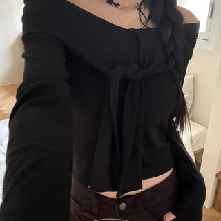 ForTwo Ribbon Off-Shoulder Long Sleeve T-Shirt
