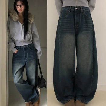 Poit Cut-out Fleece-lined Wide Denim Pants