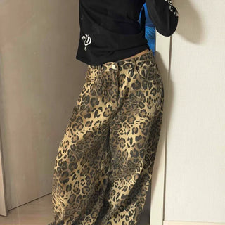 Leopard Pattern Loose Fit Denim Long Pants