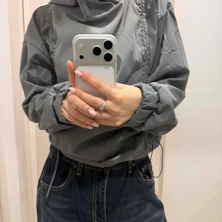 Shoulder Padded Athleisure Drawstring Crop Hoodie