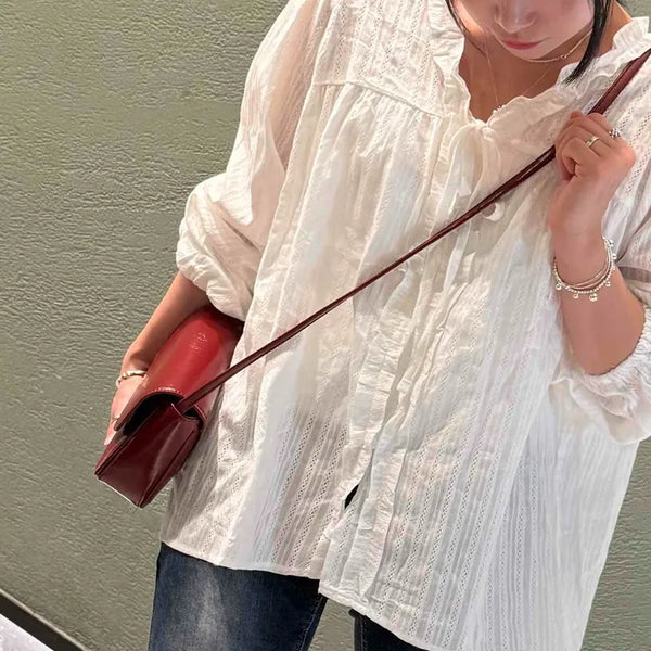 Big Collar Frill Check Stripe Shirring Blouse