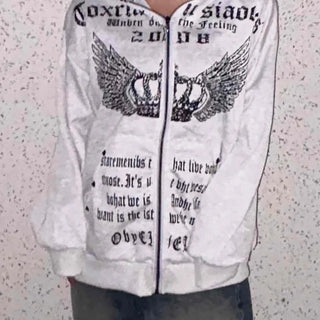 Wing Lettering Vintage Wash Loose Fit Zip-Up Hoodie
