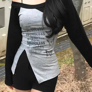 Lettering Print Contrast Off-Shoulder Long Sleeve Tee