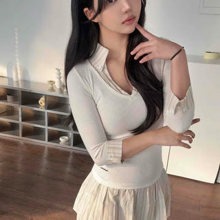 Soft Tennis Collar Balloon Pleated Layered Knit Dress