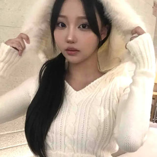 Romantic Fur Hood Cable Waist Shirred Knit