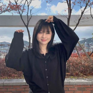 Lady Vintage Puff Volume Shirt-Style Knit Cardigan