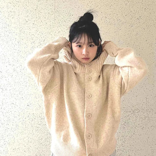 Soft Drop Shoulder Round Neck Balloon Knit Cardigan